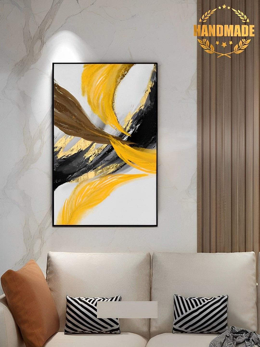 

THE HANDMADE FLAIR Yellow & Black Abstract Painting Framed Wall Art