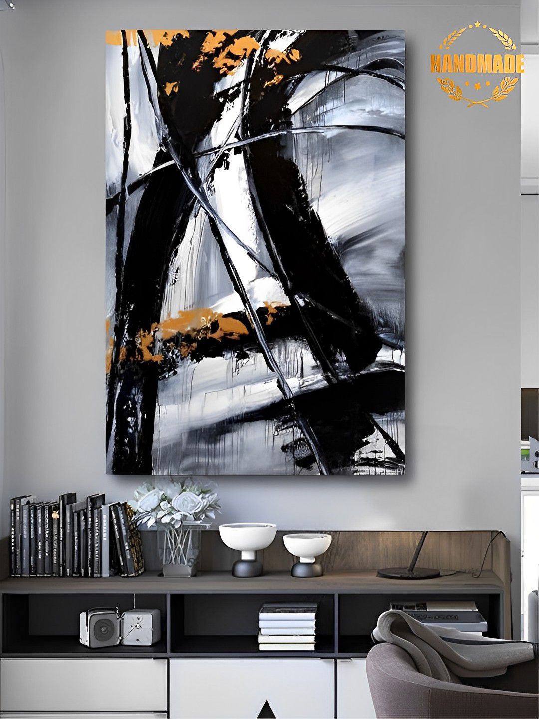 

THE HANDMADE FLAIR Black & Grey Abstract Painting Framed Wall Art