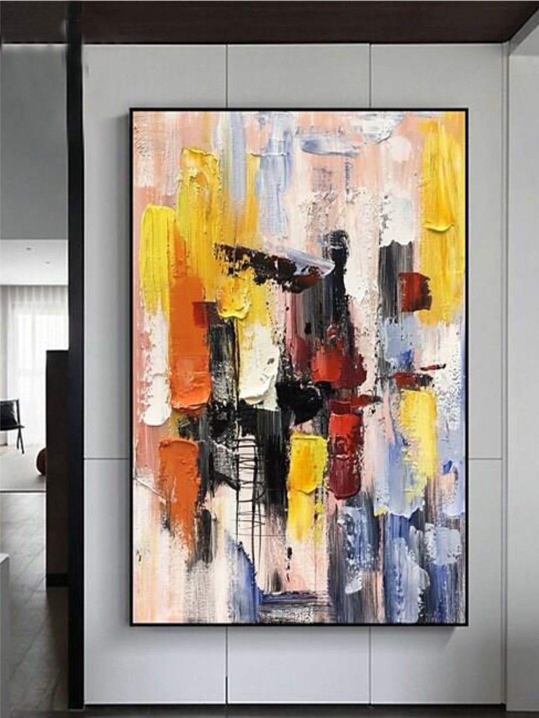 

THE HANDMADE FLAIR Yellow & Black Abstract Painting Framed Wall Art