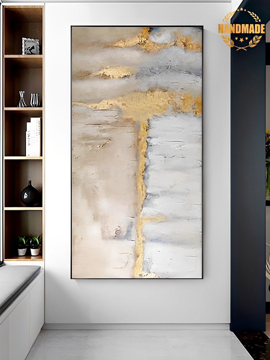

THE HANDMADE FLAIR White & Beige Abstract Painting Framed Wall Art