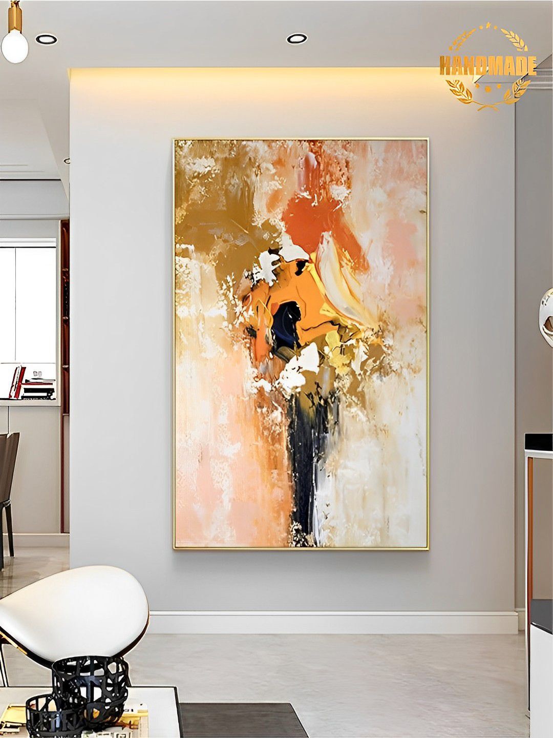 

THE HANDMADE FLAIR Beige & Orange Abstract Painting Framed Wall Art