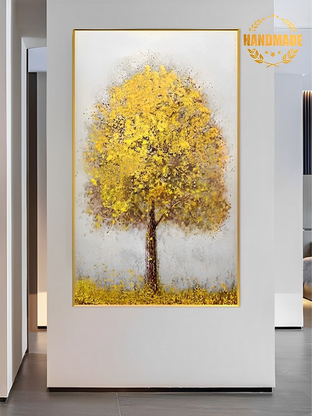 

THE HANDMADE FLAIR Grey & Yellow Tree Painting Framed Wall Art