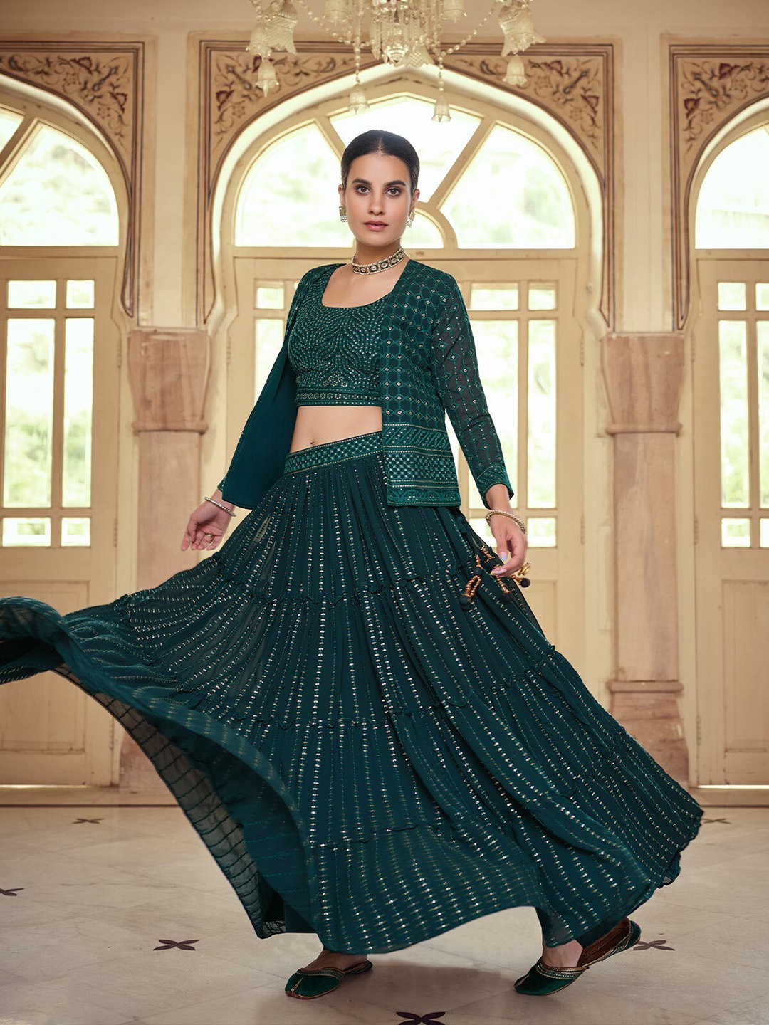 

ODETTE Embroidered Semi-Stitched Lehenga & Unstitched Blouse With Dupatta, Green