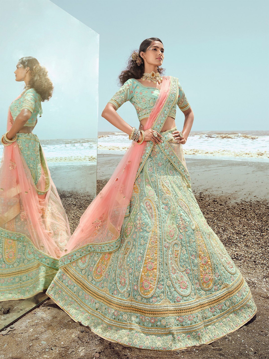 

ODETTE Embellished Thread Work Semi-Stitched Lehenga & Unstitched Blouse With Dupatta, Blue