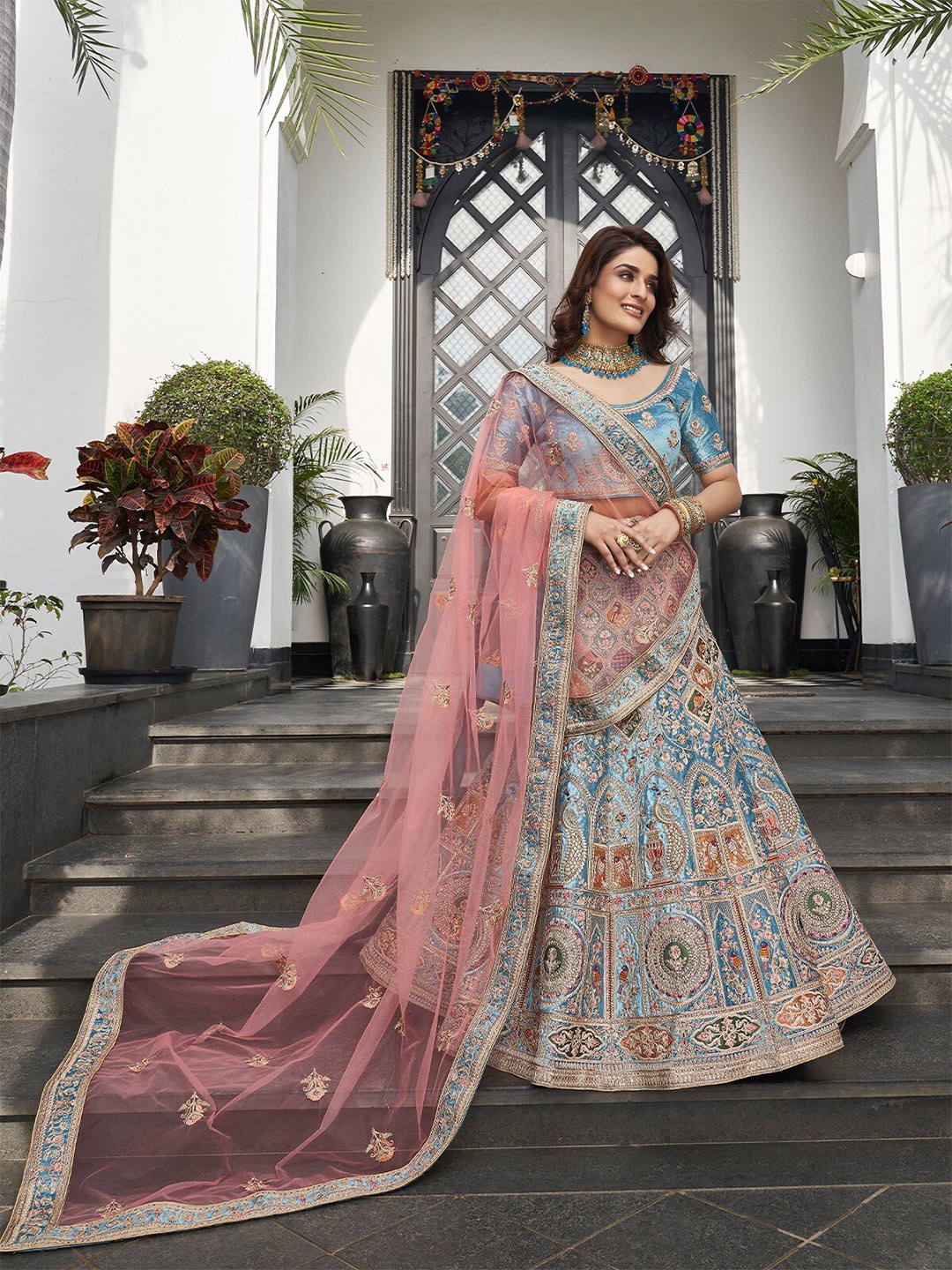 

ODETTE Velvet Embroidered Semi-Stitched Lehenga & Unstitched Blouse With Dupatta, Blue