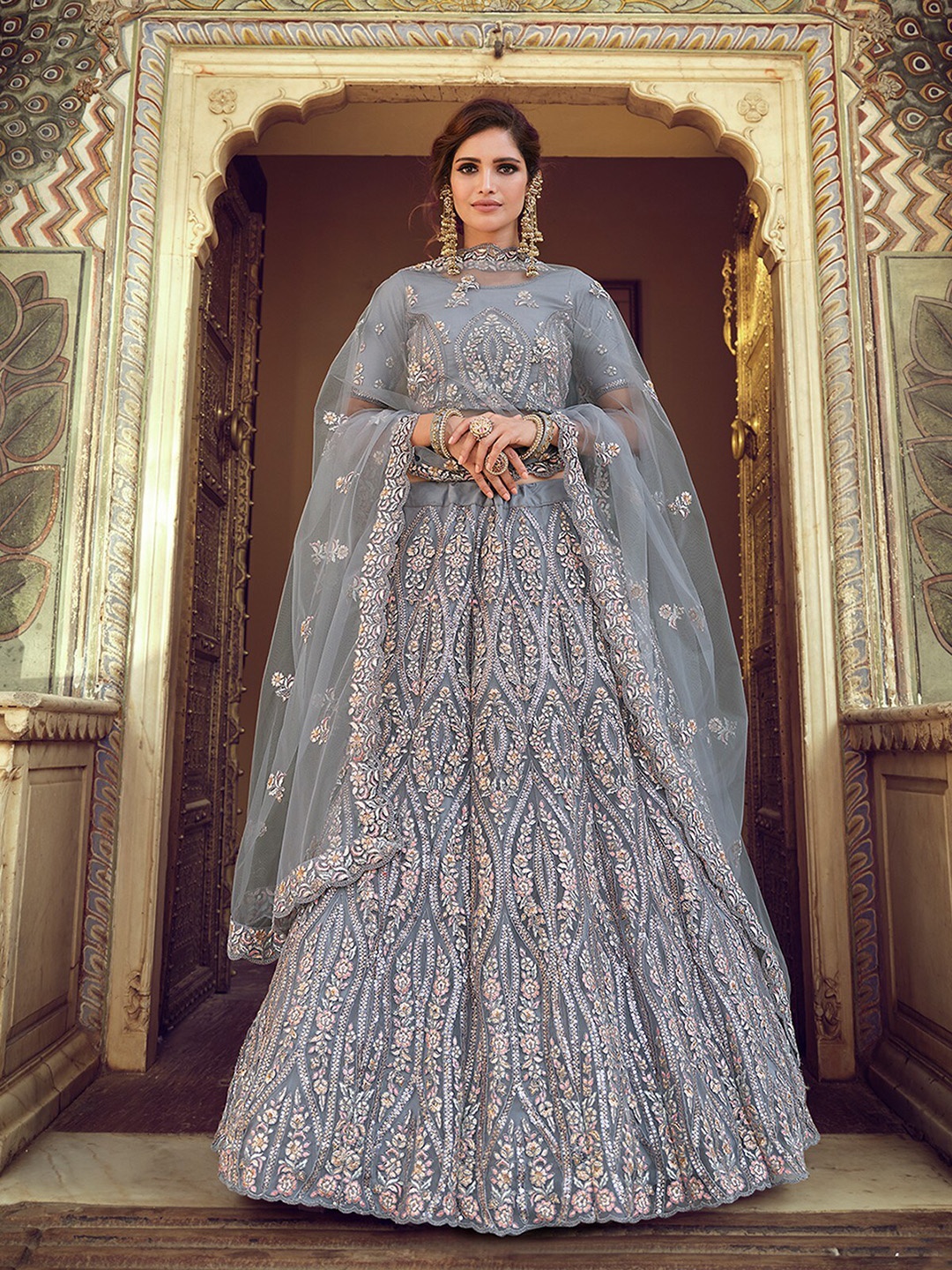 

ODETTE Embroidered Semi-Stitched Lehenga & Unstitched Blouse With Dupatta, Grey