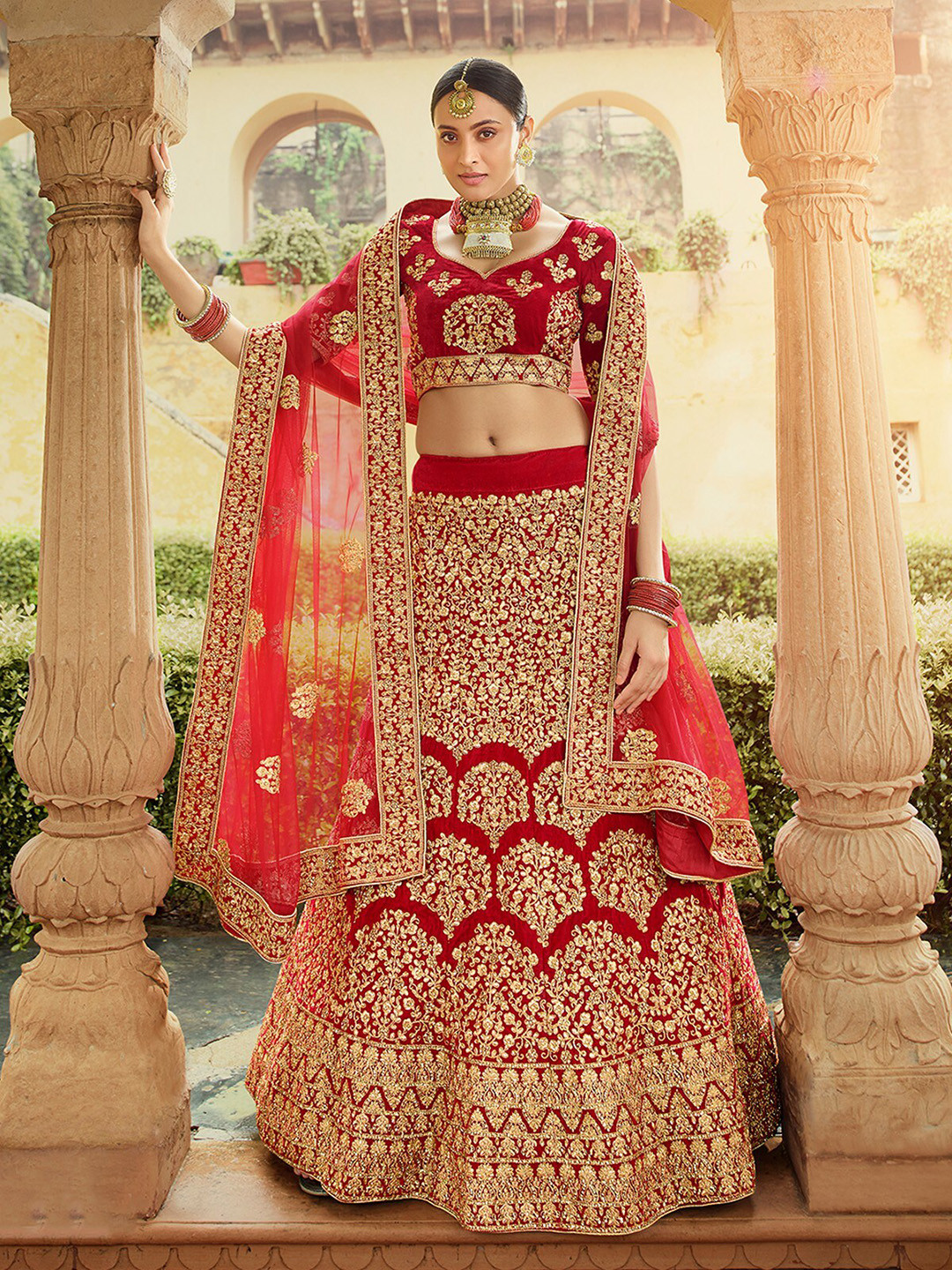 

ODETTE Velvet Embroidered Semi-Stitched Lehenga & Unstitched Blouse With Dupatta, Red