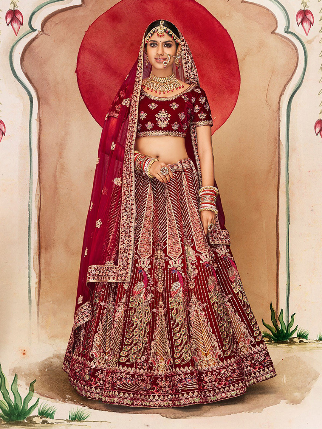 

ODETTE Embellished Thread Work Semi-Stitched Lehenga & Unstitched Blouse With Dupatta, Maroon