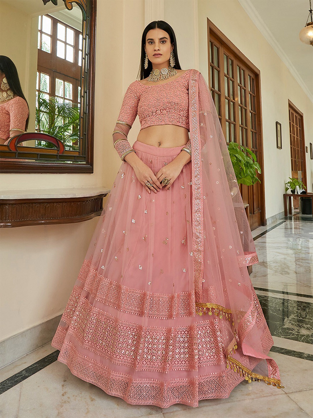 

ODETTE Embroidered Semi-Stitched Lehenga & Unstitched Blouse With Dupatta, Pink