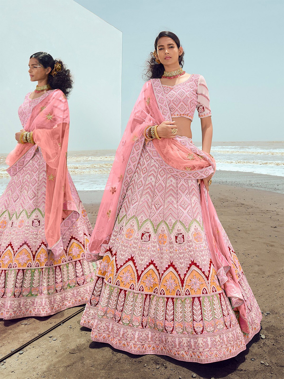 

ODETTE Embroidered Semi-Stitched Lehenga & Unstitched Blouse With Dupatta, Pink