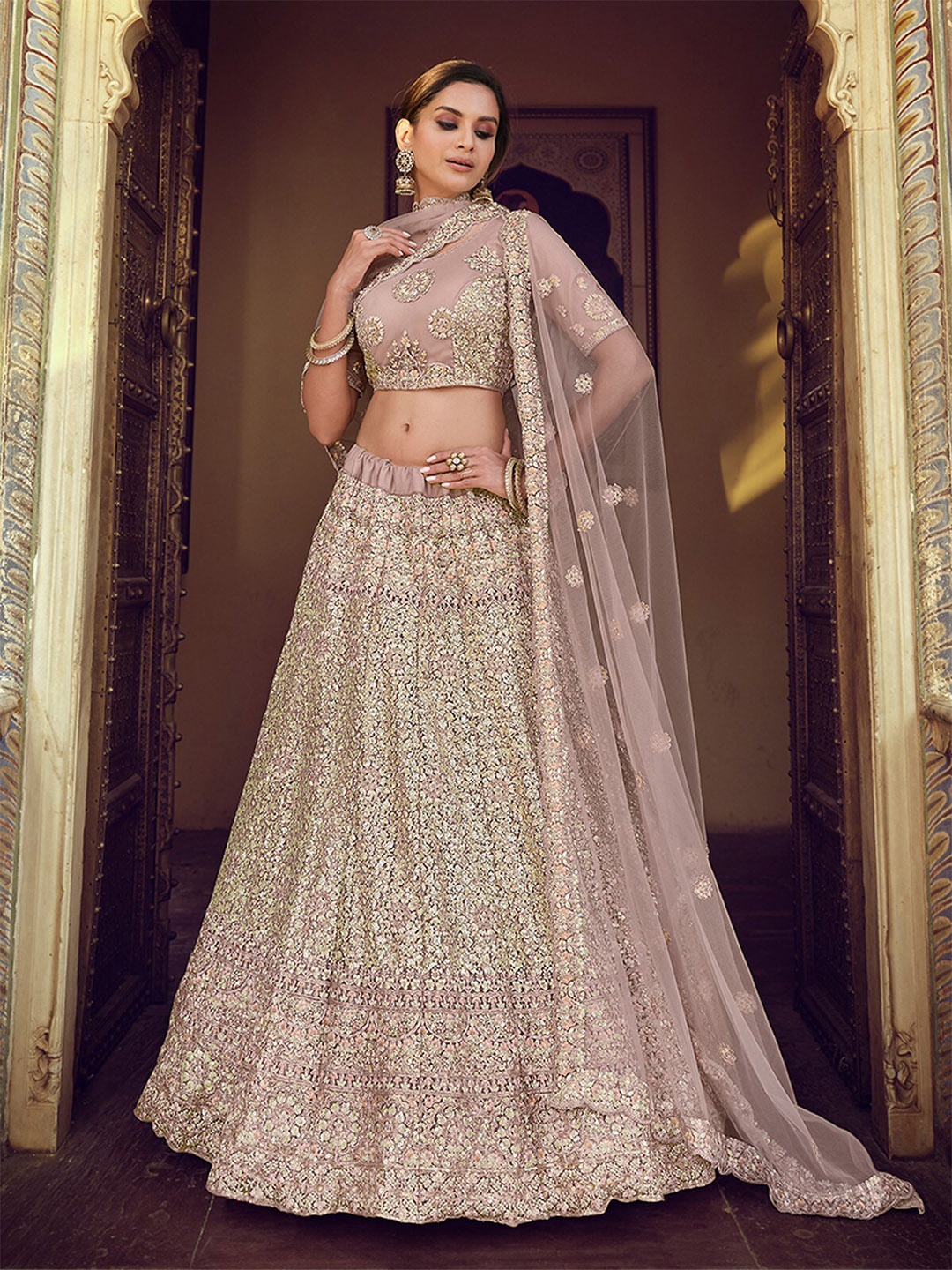 

ODETTE Embellished Thread Work Semi-Stitched Lehenga & Unstitched Blouse With Dupatta, Pink