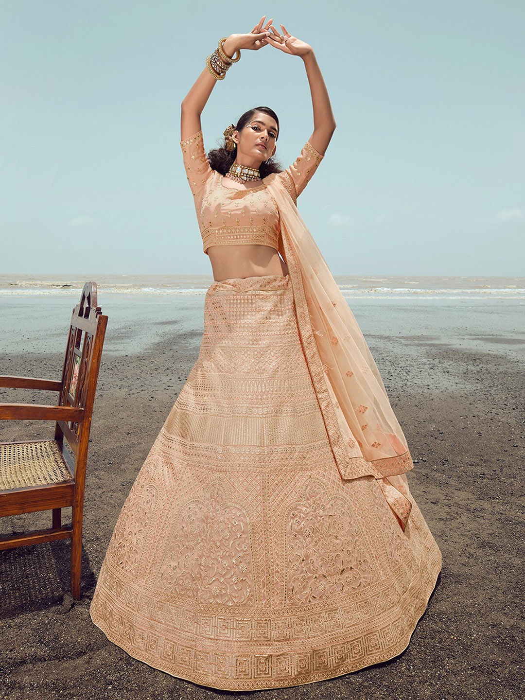 

ODETTE Embroidered Semi-Stitched Organza Lehenga & Unstitched Blouse With Dupatta, Peach