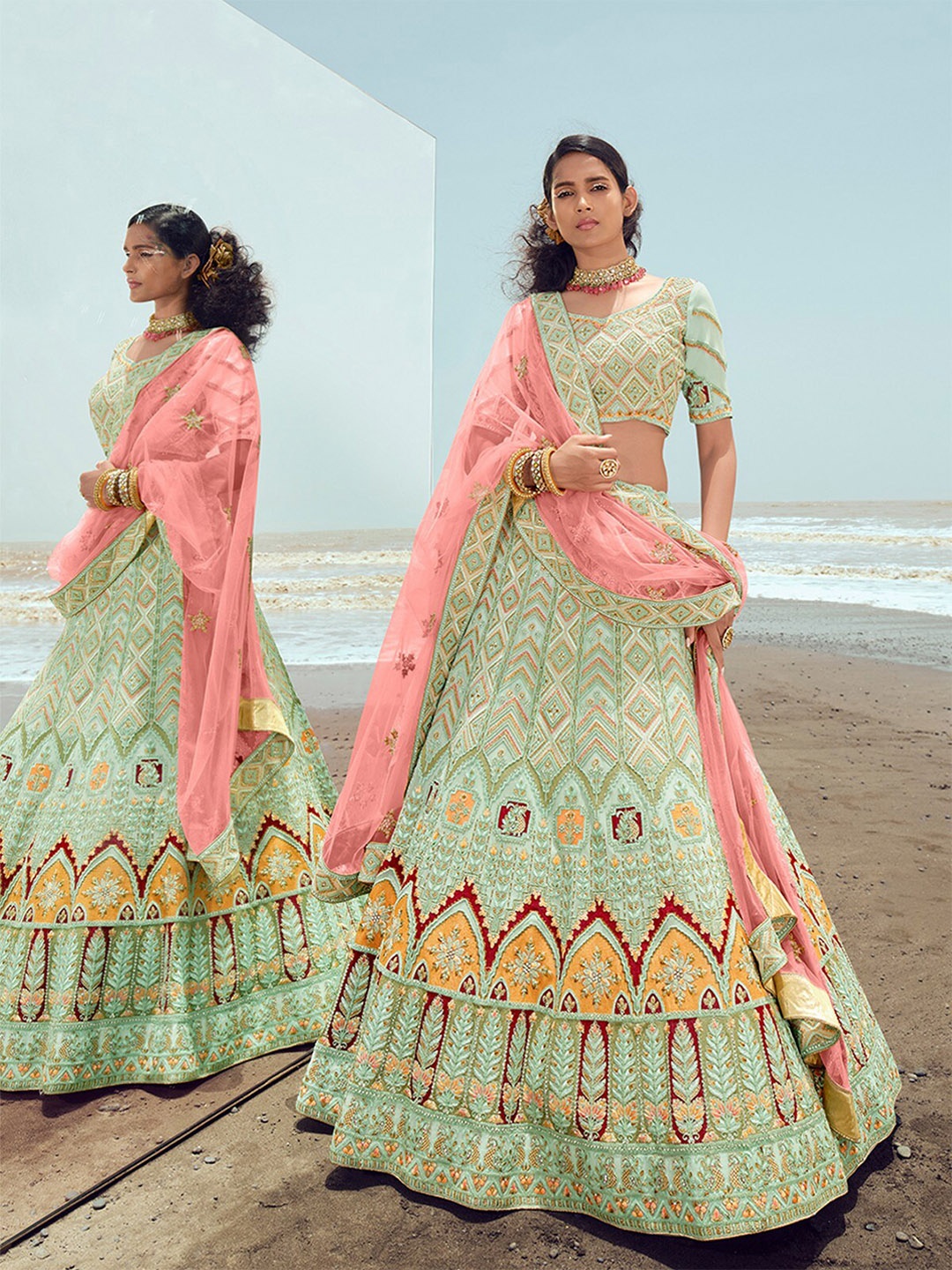 

ODETTE Embellished Thread Work Semi-Stitched Lehenga & Unstitched Blouse With Dupatta, Green