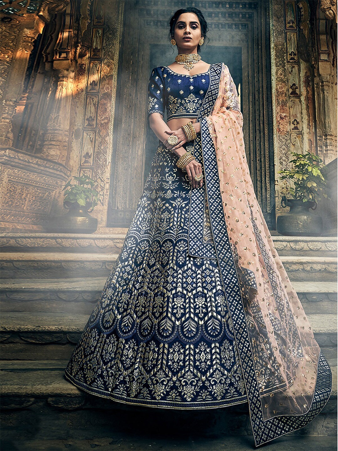 

ODETTE Embroidered Semi-Stitched Lehenga & Unstitched Blouse With Dupatta, Blue