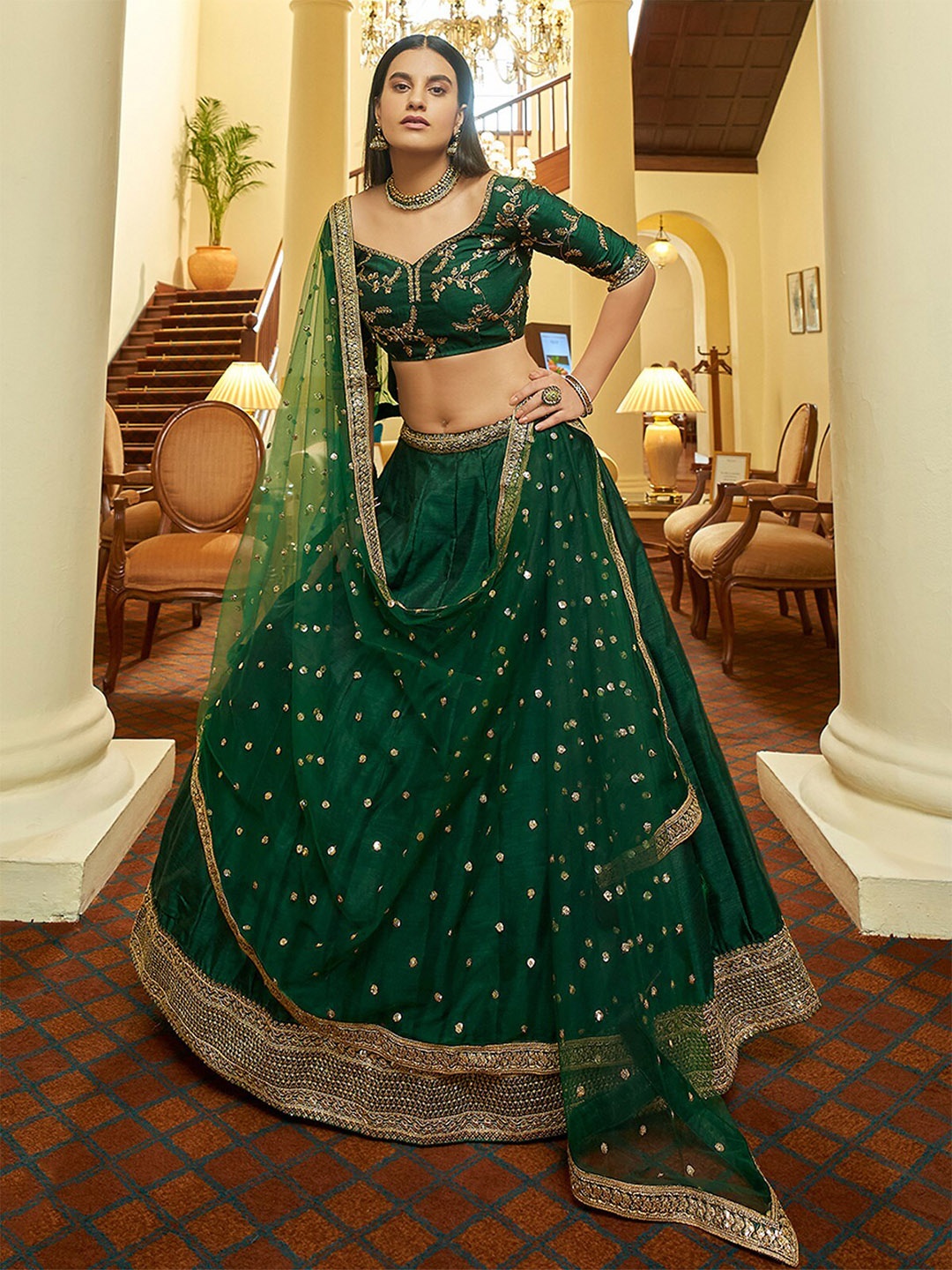 

ODETTE Embroidered Sequinned Semi-Stitched Lehenga & Unstitched Blouse With Dupatta, Green