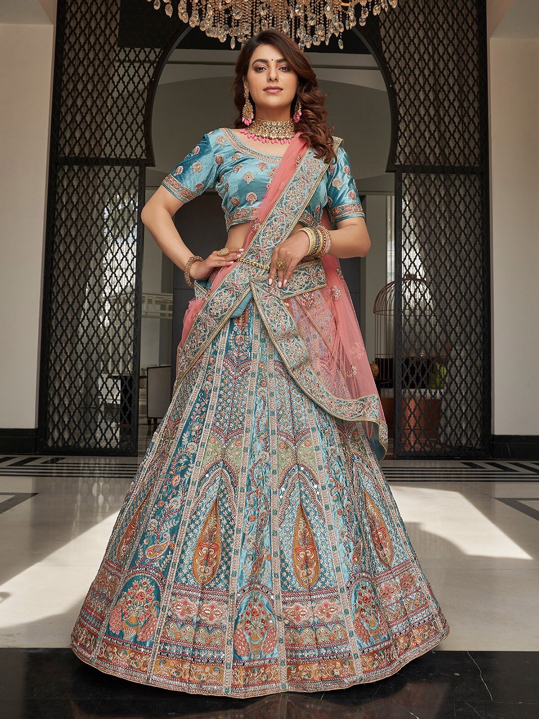 

ODETTE Embroidered Thread Work Semi-Stitched Lehenga & Unstitched Blouse With Dupatta, Blue