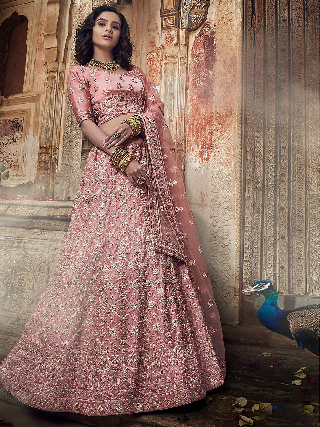

ODETTE Embellished Thread Work Semi-Stitched Lehenga & Unstitched Blouse With Dupatta, Pink