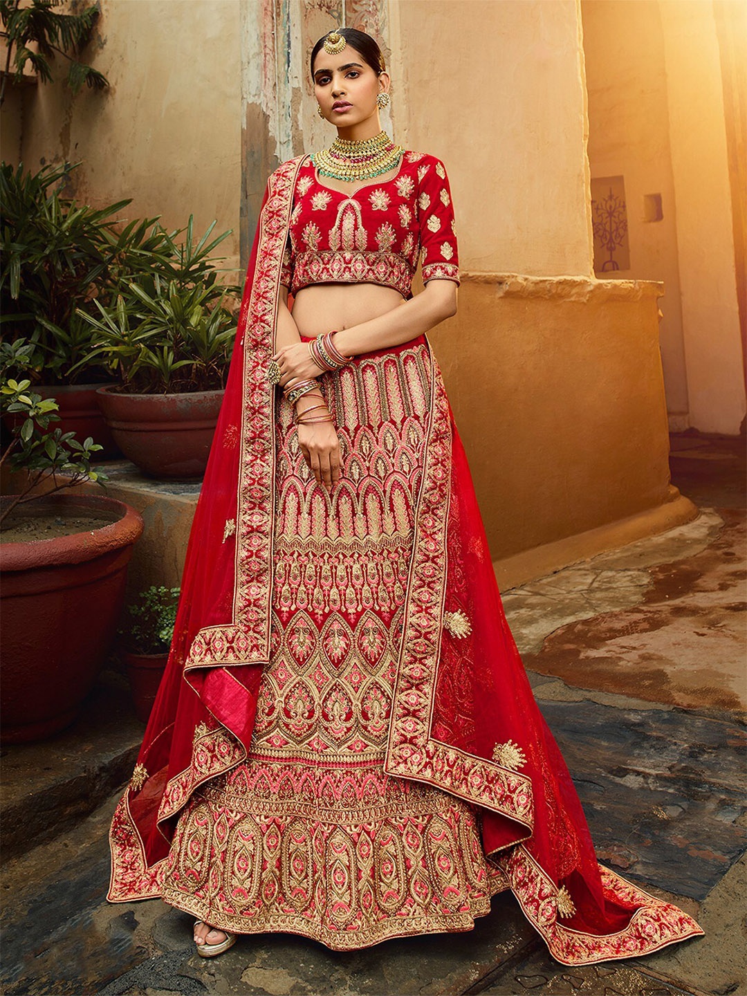 

ODETTE Embellished Thread Work Semi-Stitched Lehenga & Unstitched Blouse With Dupatta, Red