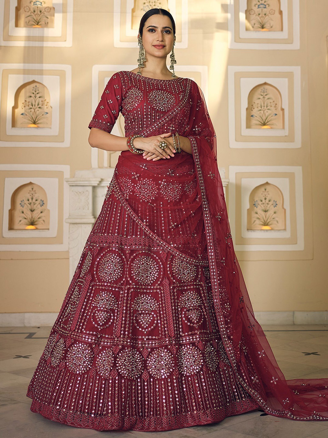 

ODETTE Embellished Mirror Work Semi-Stitched Lehenga & Unstitched Blouse With Dupatta, Maroon