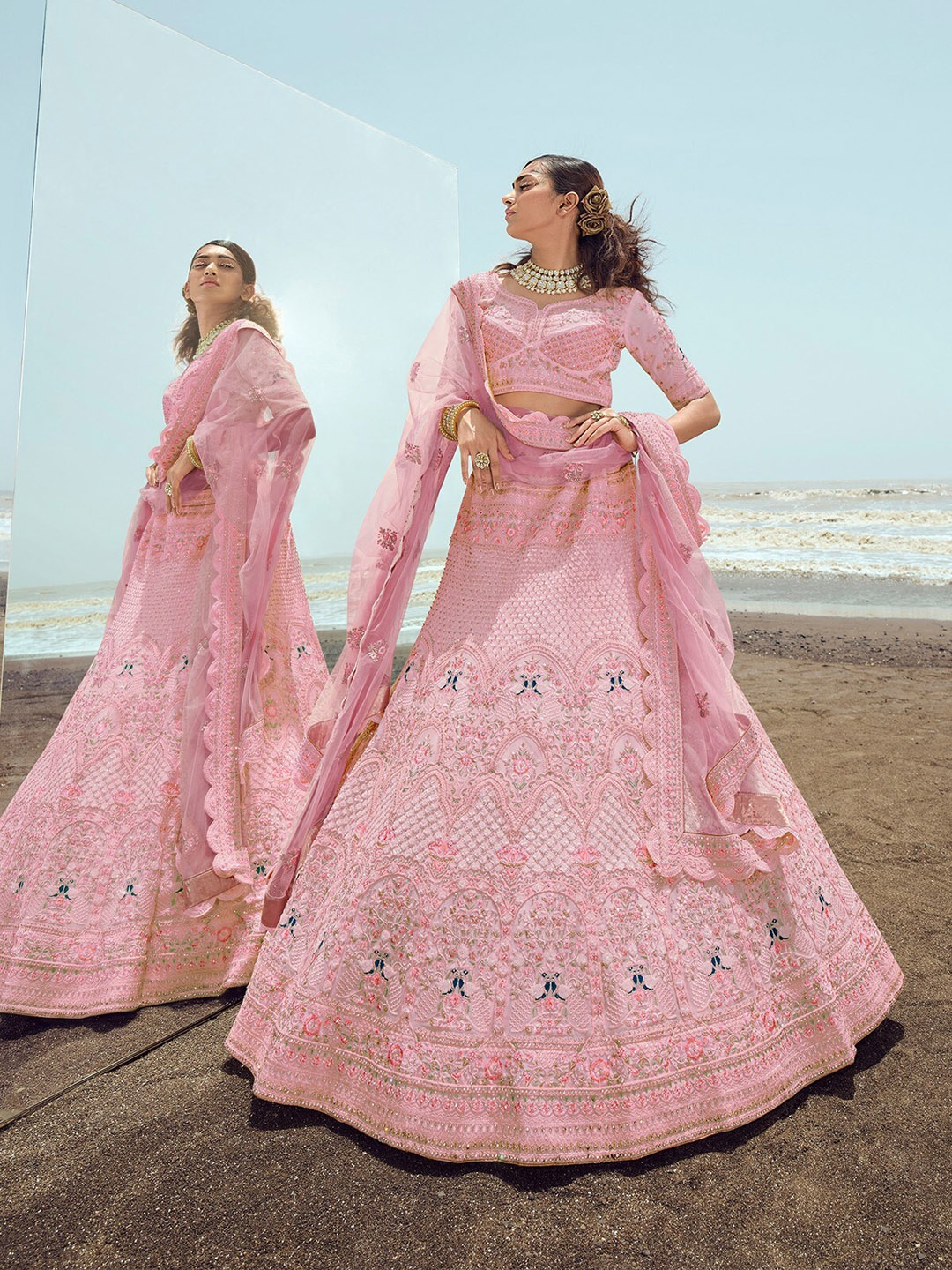 

ODETTE Embroidered Semi-Stitched Lehenga & Unstitched Blouse With Dupatta, Pink
