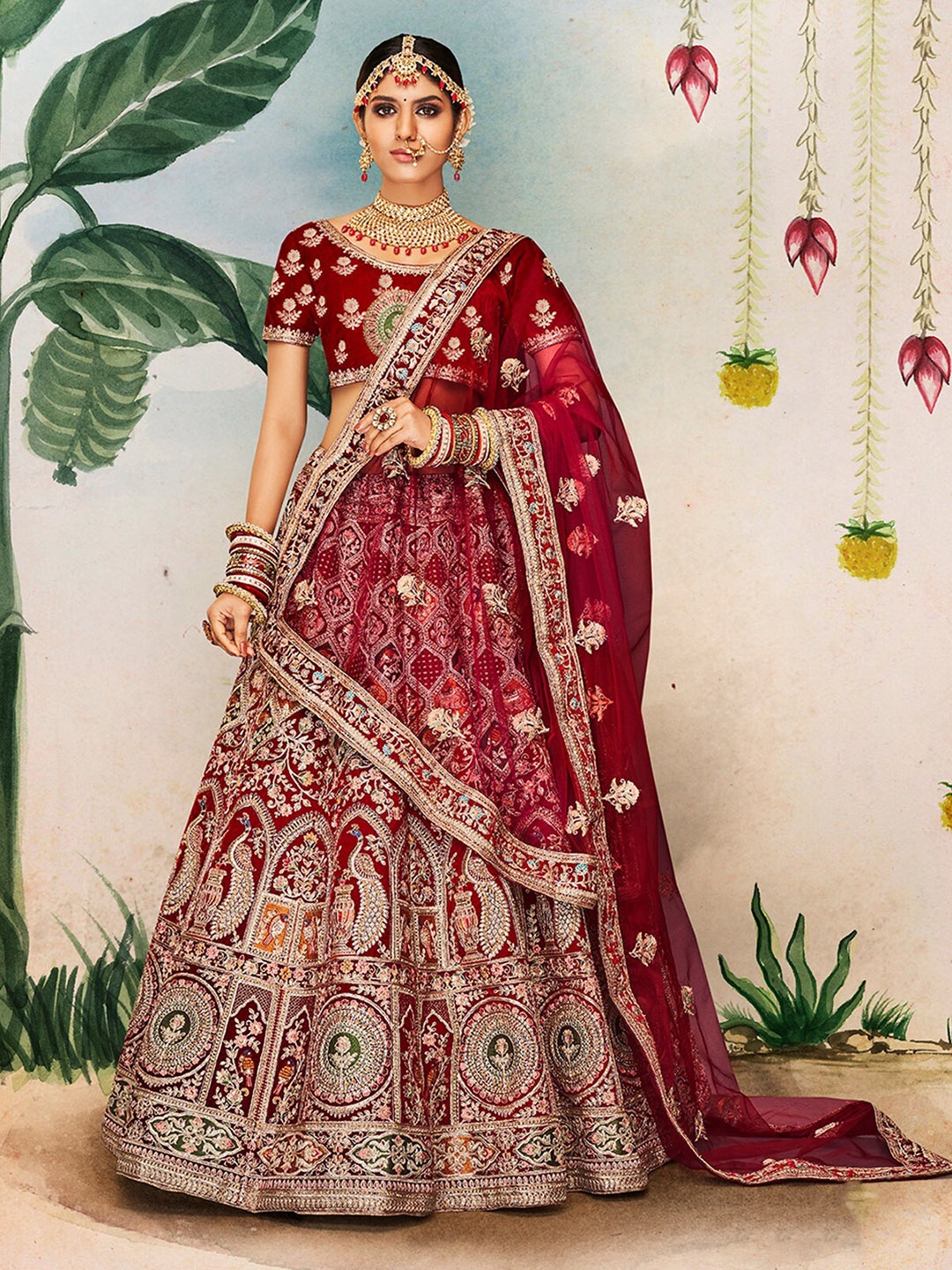 

ODETTE Velvet Embroidered Semi-Stitched Lehenga & Unstitched Blouse With Dupatta, Maroon