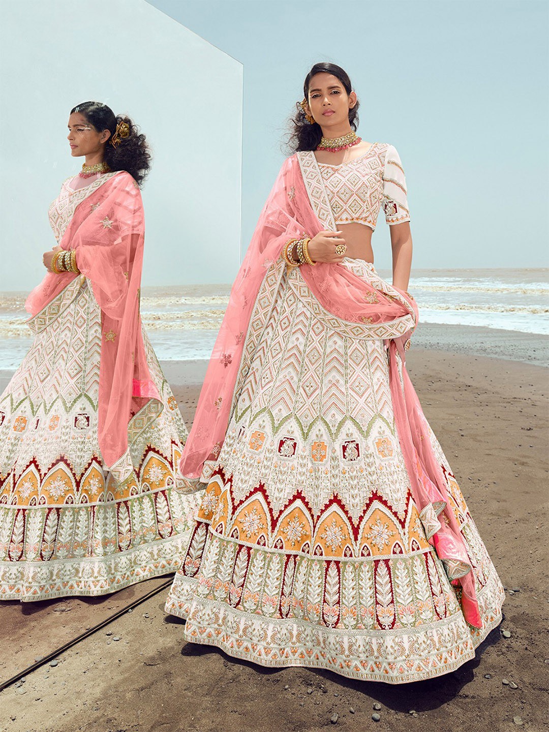 

ODETTE Embroidered Sequinned Semi-Stitched Lehenga & Unstitched Blouse With Dupatta, White