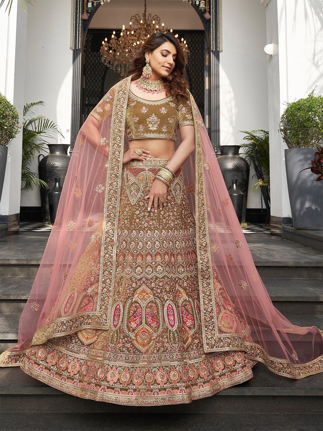 

ODETTE Embroidered Thread Work Semi-Stitched Lehenga & Unstitched Blouse With Dupatta, Olive