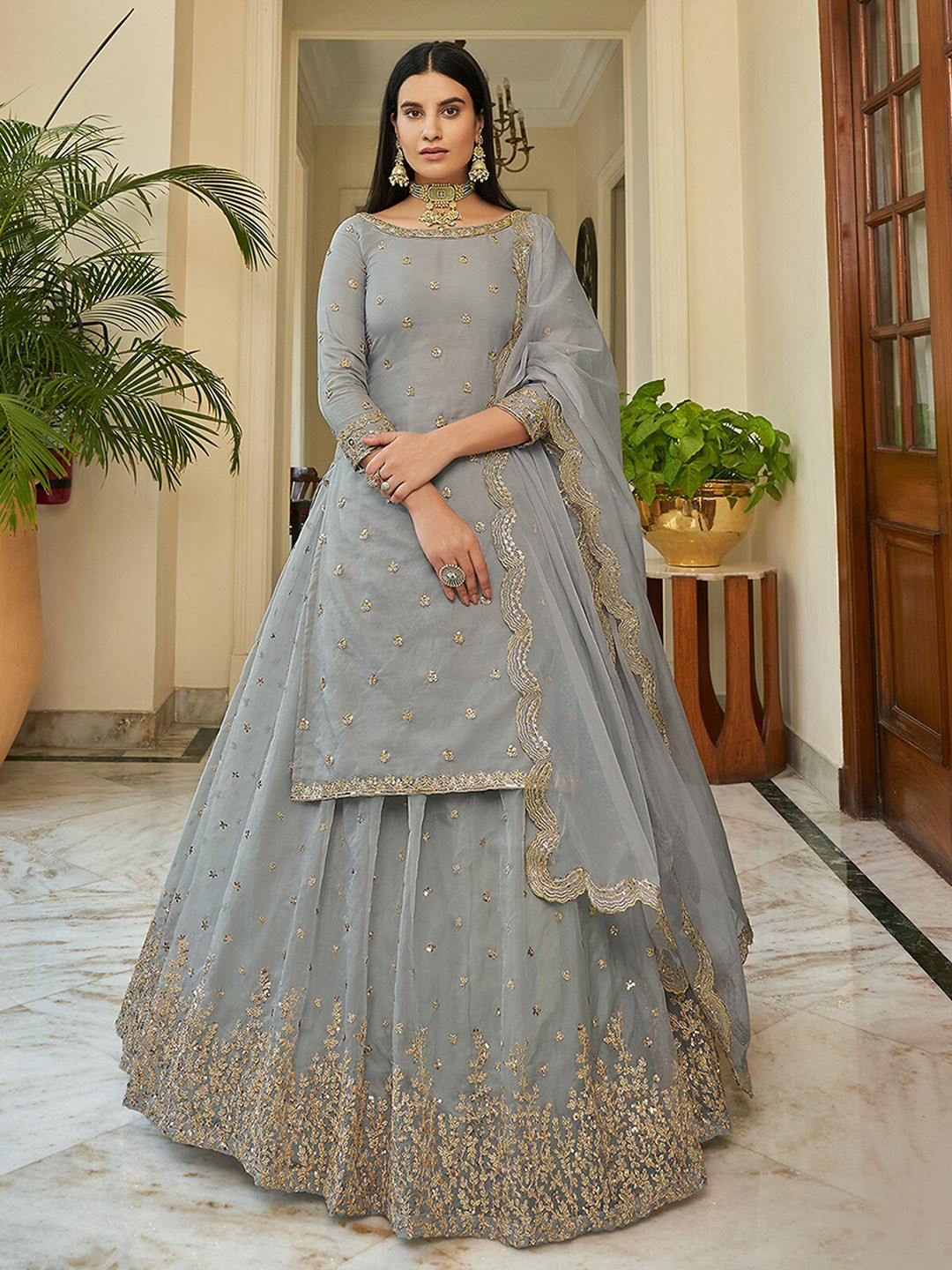 

ODETTE Embellished Sequinned Semi-Stitched Lehenga & Unstitched Blouse With Dupatta, Grey