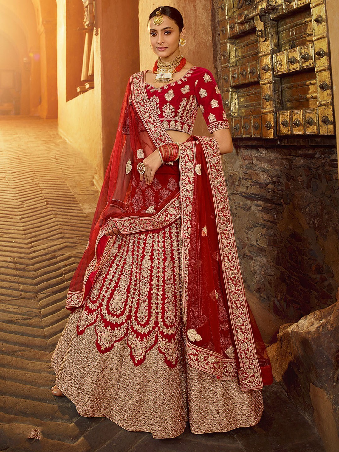 

ODETTE Embroidered Sequinned Semi-Stitched Lehenga & Unstitched Blouse With Dupatta, Red