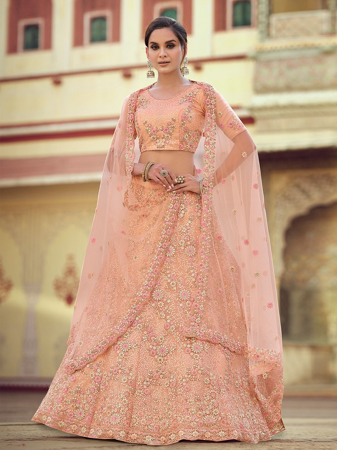 

ODETTE Embroidered Semi-Stitched Lehenga & Unstitched Blouse With Dupatta, Peach