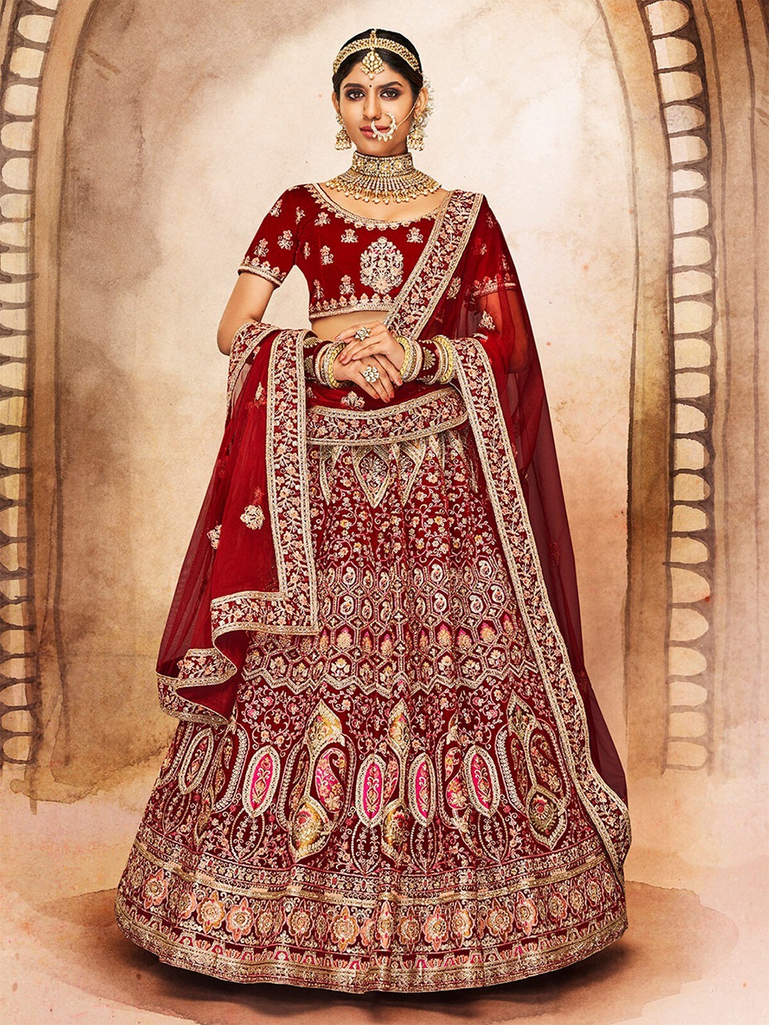 

ODETTE Embellished Thread Work Semi-Stitched Lehenga & Unstitched Blouse With Dupatta, Maroon