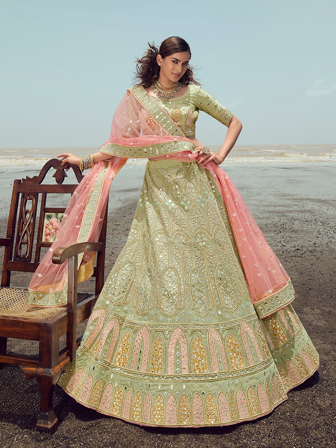 

ODETTE Embroidered Semi-Stitched Lehenga & Unstitched Blouse With Dupatta, Green
