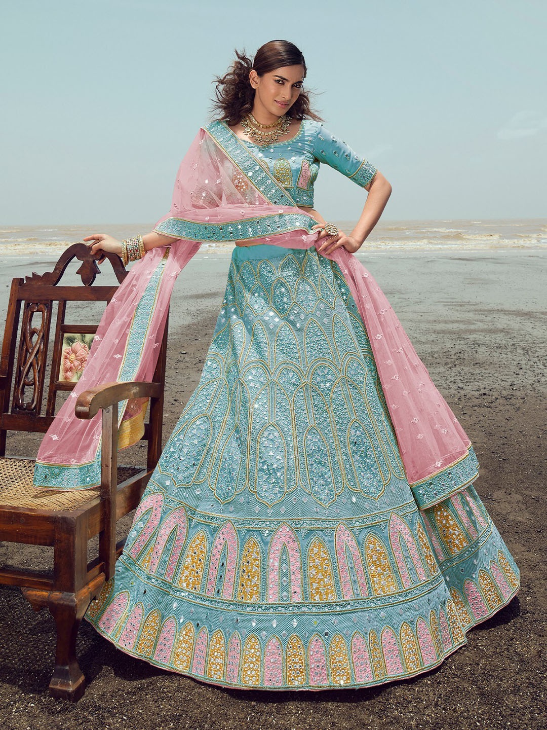 

ODETTE Embellished Mirror Work Semi-Stitched Lehenga & Unstitched Blouse With Dupatta, Blue