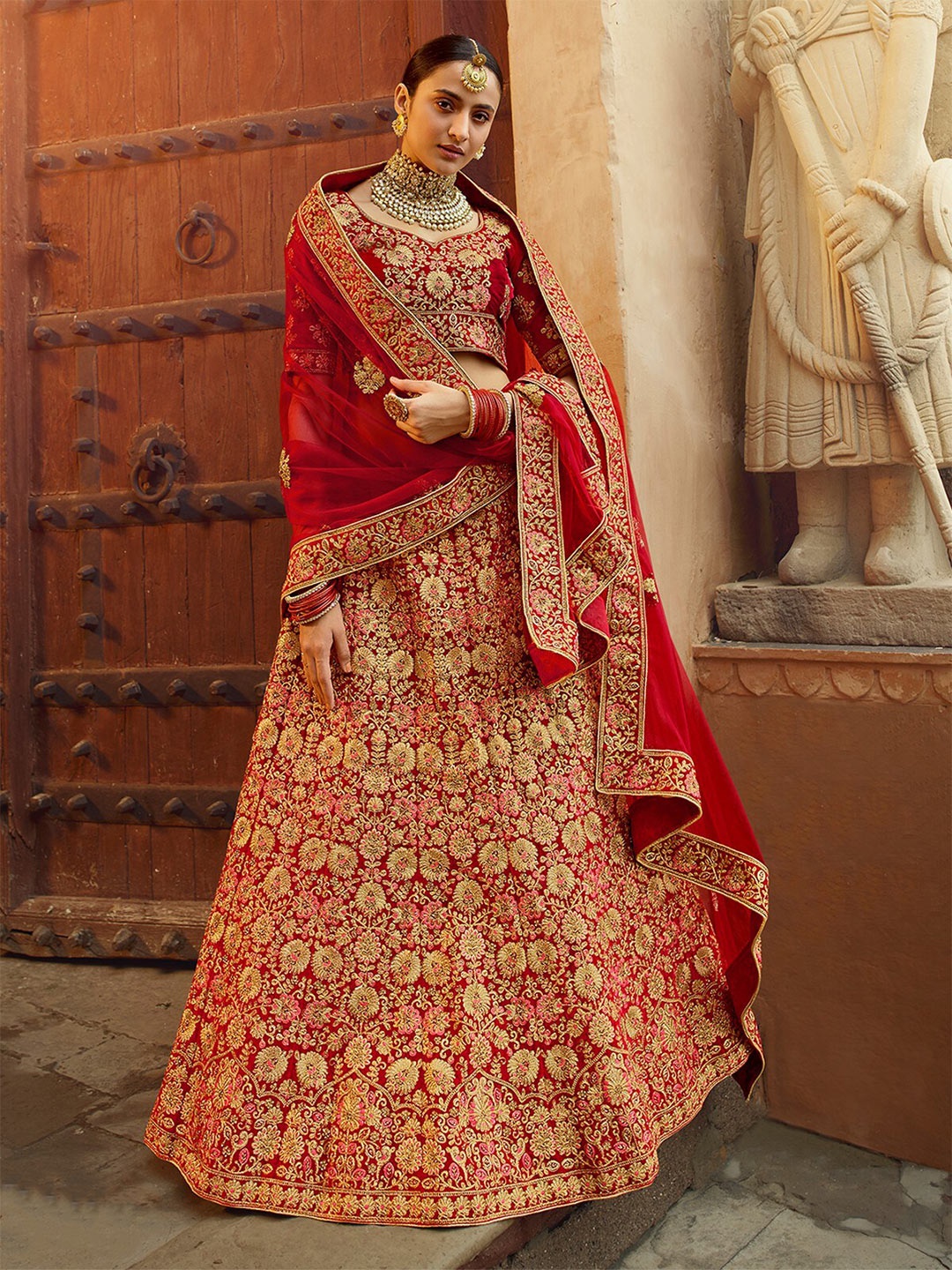 

ODETTE Velvet Embroidered Semi-Stitched Lehenga & Unstitched Blouse With Dupatta, Red