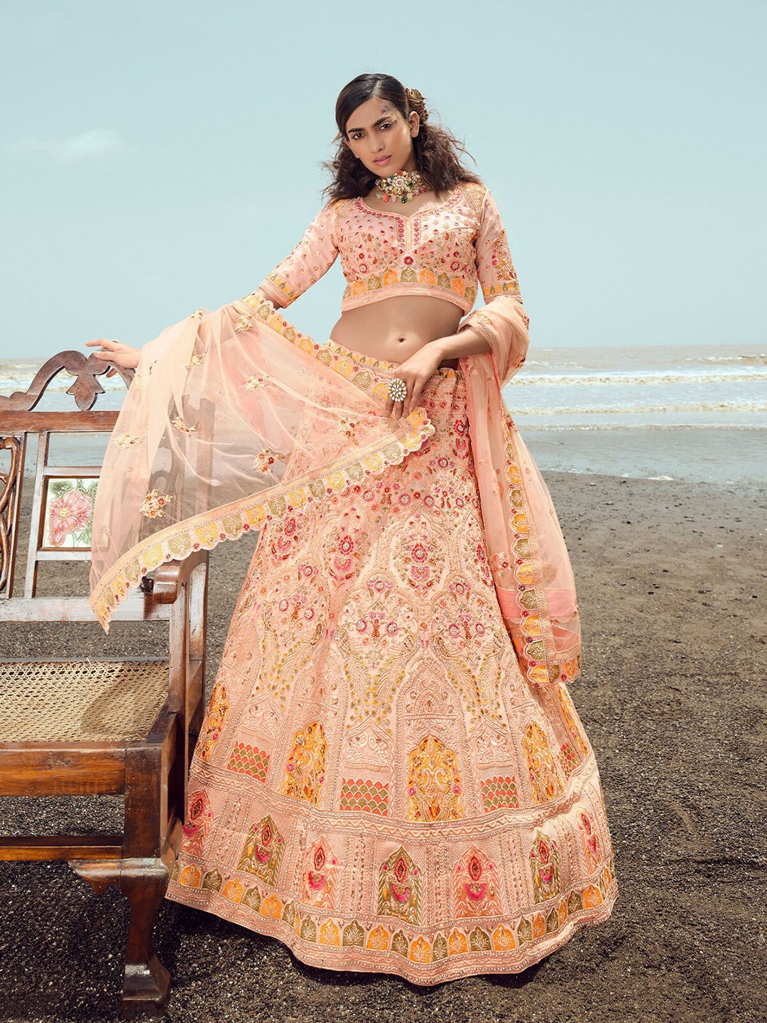 

ODETTE Embroidered Sequinned Semi-Stitched Lehenga & Unstitched Blouse With Dupatta, Peach