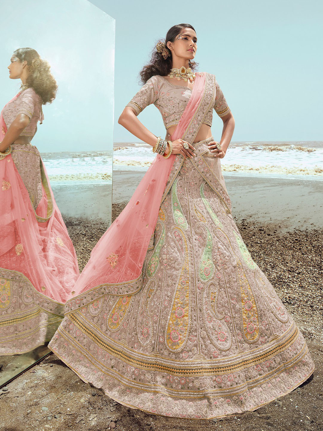 

ODETTE Embroidered Beads and Stones Semi-Stitched Lehenga & Unstitched Blouse With Dupatta, Beige