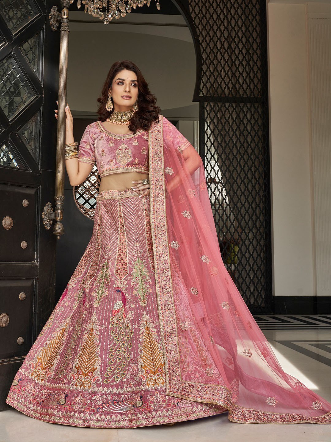 

ODETTE Embellished Thread Work Semi-Stitched Lehenga & Unstitched Blouse With Dupatta, Pink