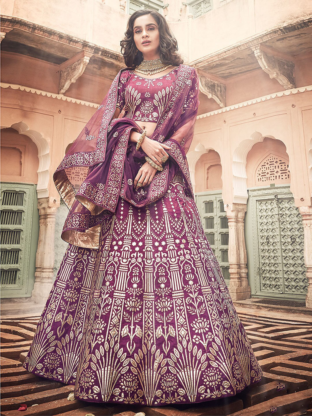 

ODETTE Embroidered Semi-Stitched Lehenga & Unstitched Blouse With Dupatta, Purple