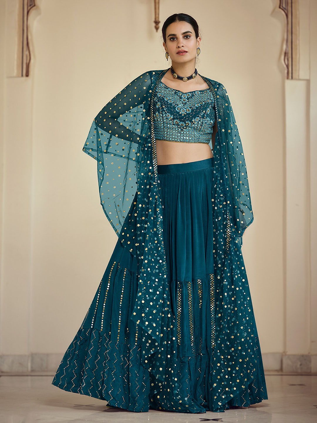

ODETTE Embellished Semi-Stitched Lehenga & Unstitched Blouse With Dupatta, Teal