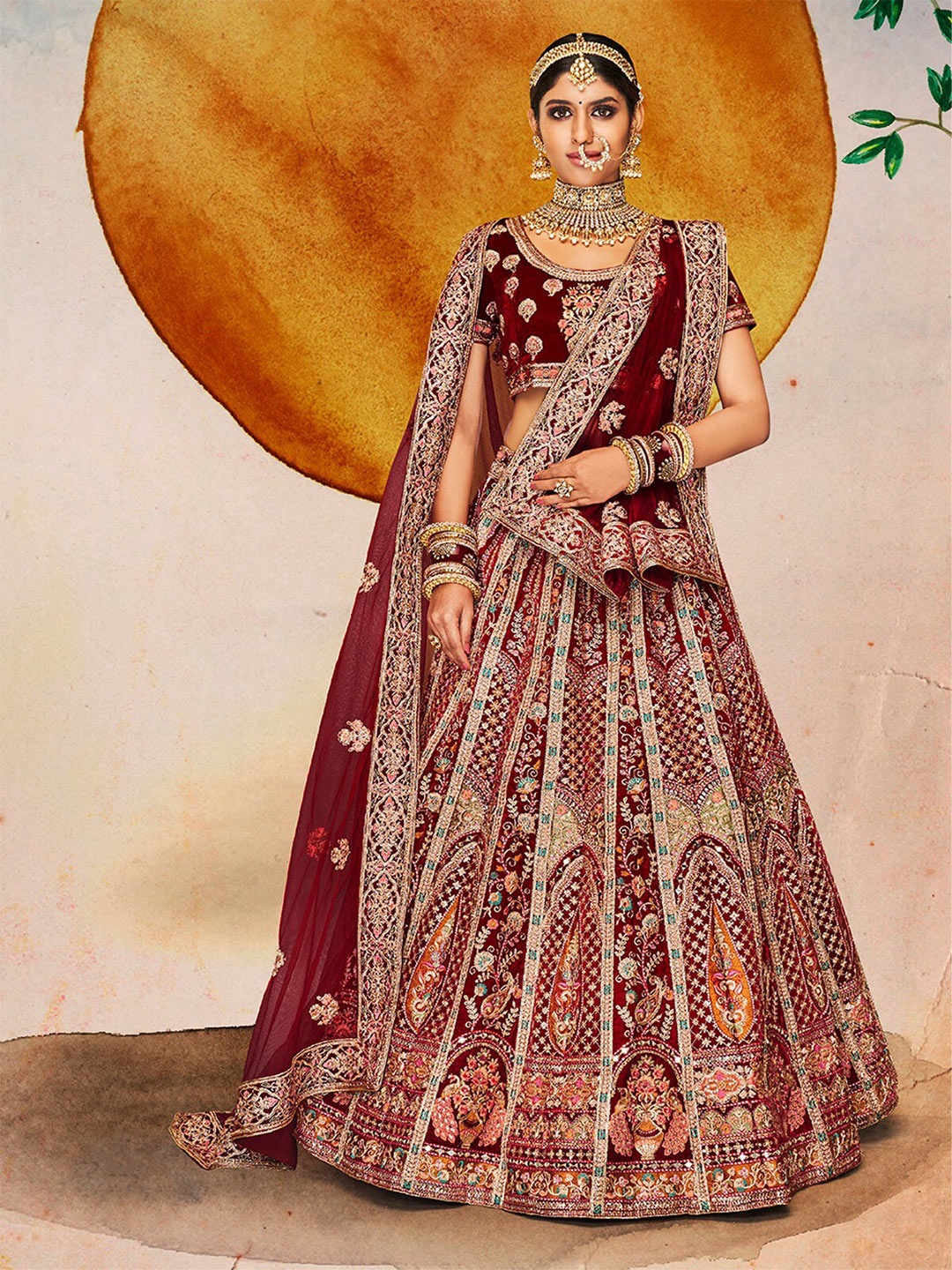 

ODETTE Velvet Embroidered Semi-Stitched Lehenga & Unstitched Blouse With Dupatta, Maroon