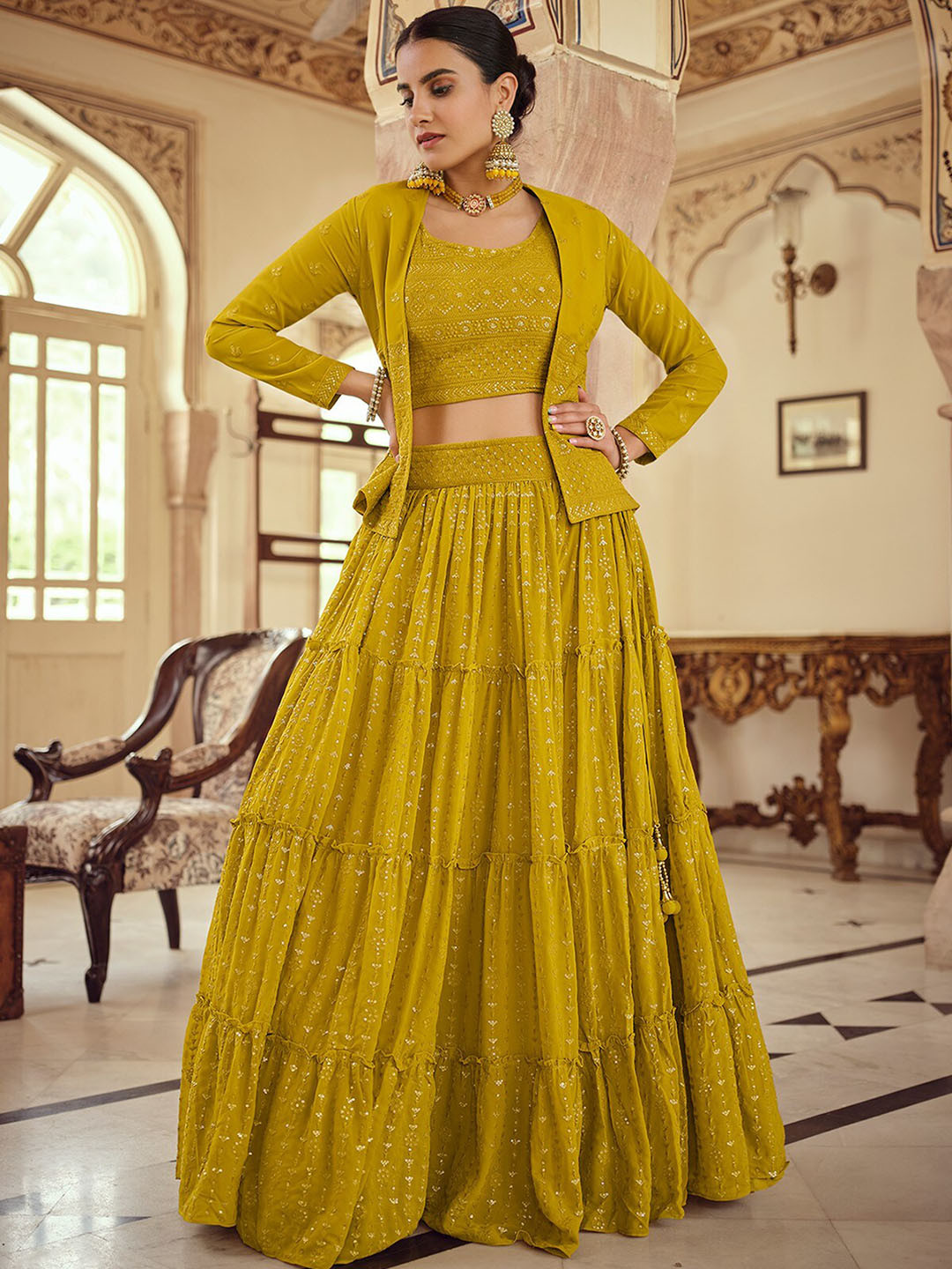 

ODETTE Embroidered Semi-Stitched Lehenga & Unstitched Blouse With Jacket, Mustard