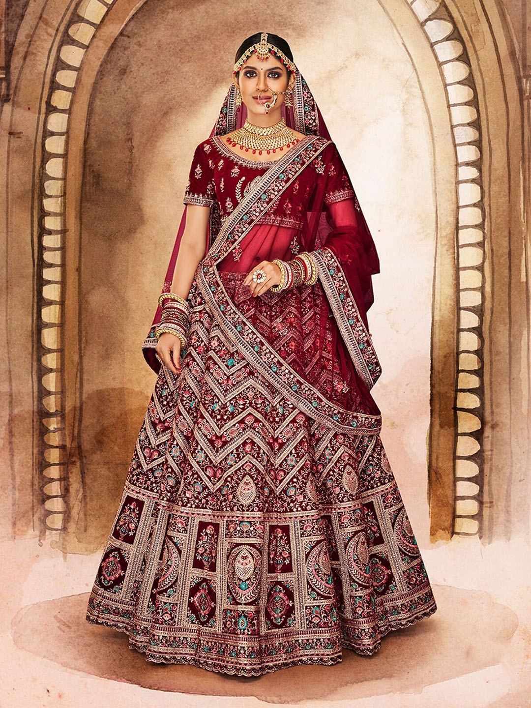 

ODETTE Velvet Embroidered Semi-Stitched Lehenga & Unstitched Blouse With Dupatta, Maroon