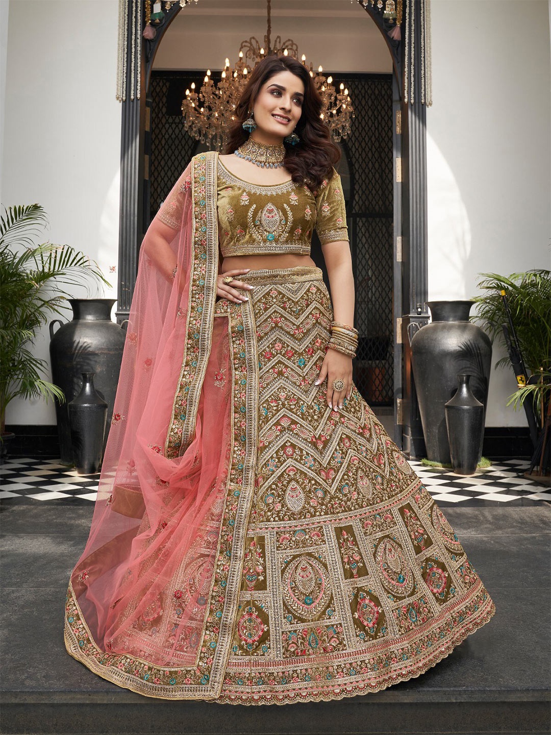 

ODETTE Velvet Embroidered Semi-Stitched Lehenga & Unstitched Blouse With Dupatta, Olive