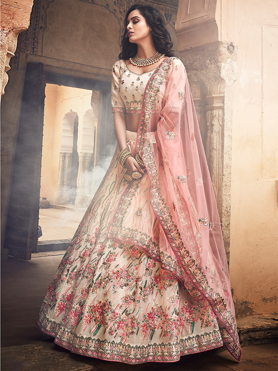 

ODETTE Organza Embroidered Semi-Stitched Lehenga & Unstitched Blouse With Dupatta, White