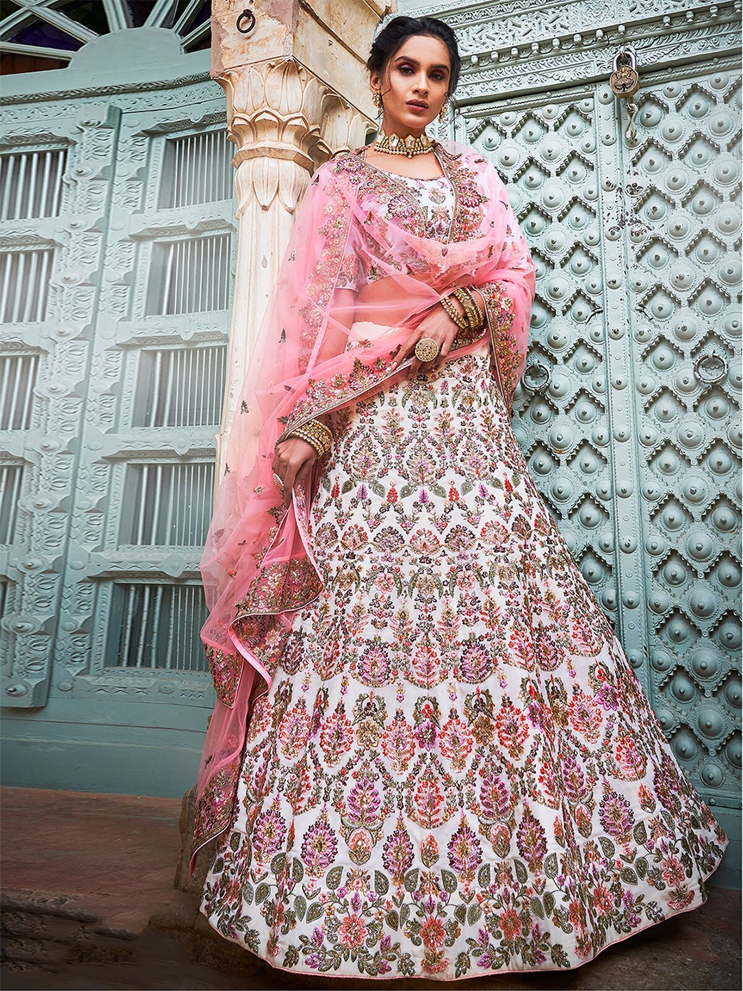 

ODETTE Embroidered Sequinned Semi-Stitched Lehenga & Unstitched Blouse With Dupatta, Pink