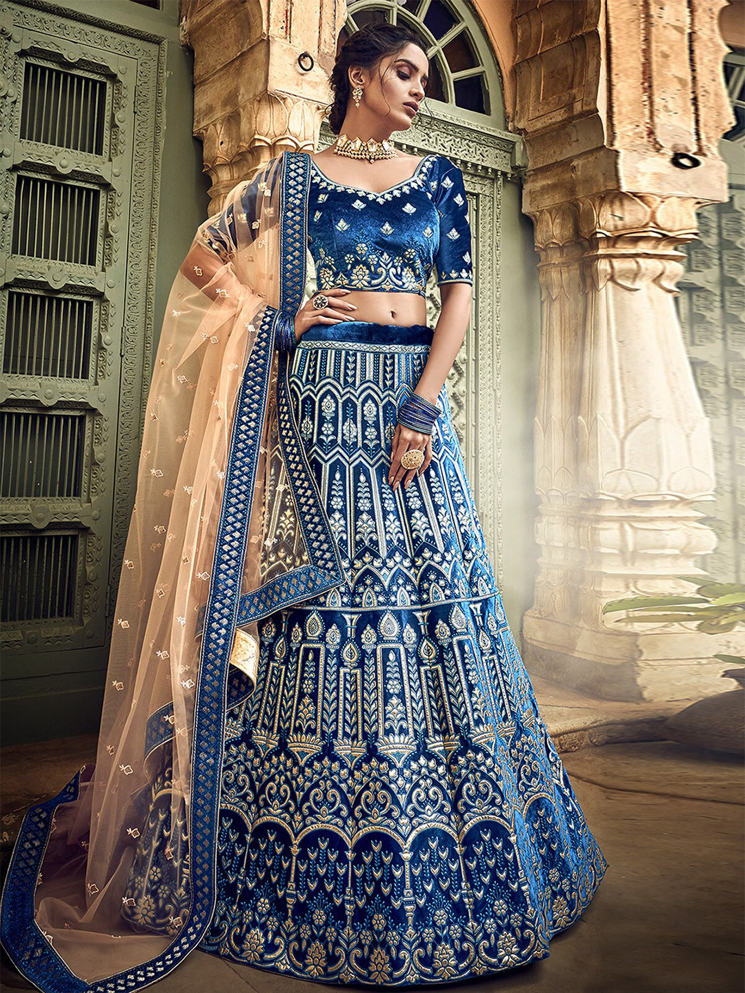 

ODETTE Embroidered Semi-Stitched Lehenga & Unstitched Blouse With Dupatta, Blue