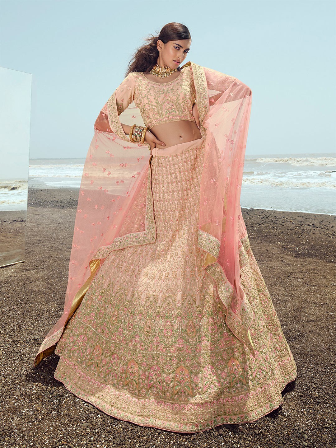 

ODETTE Embroidered Semi-Stitched Lehenga & Unstitched Blouse With Dupatta, Peach