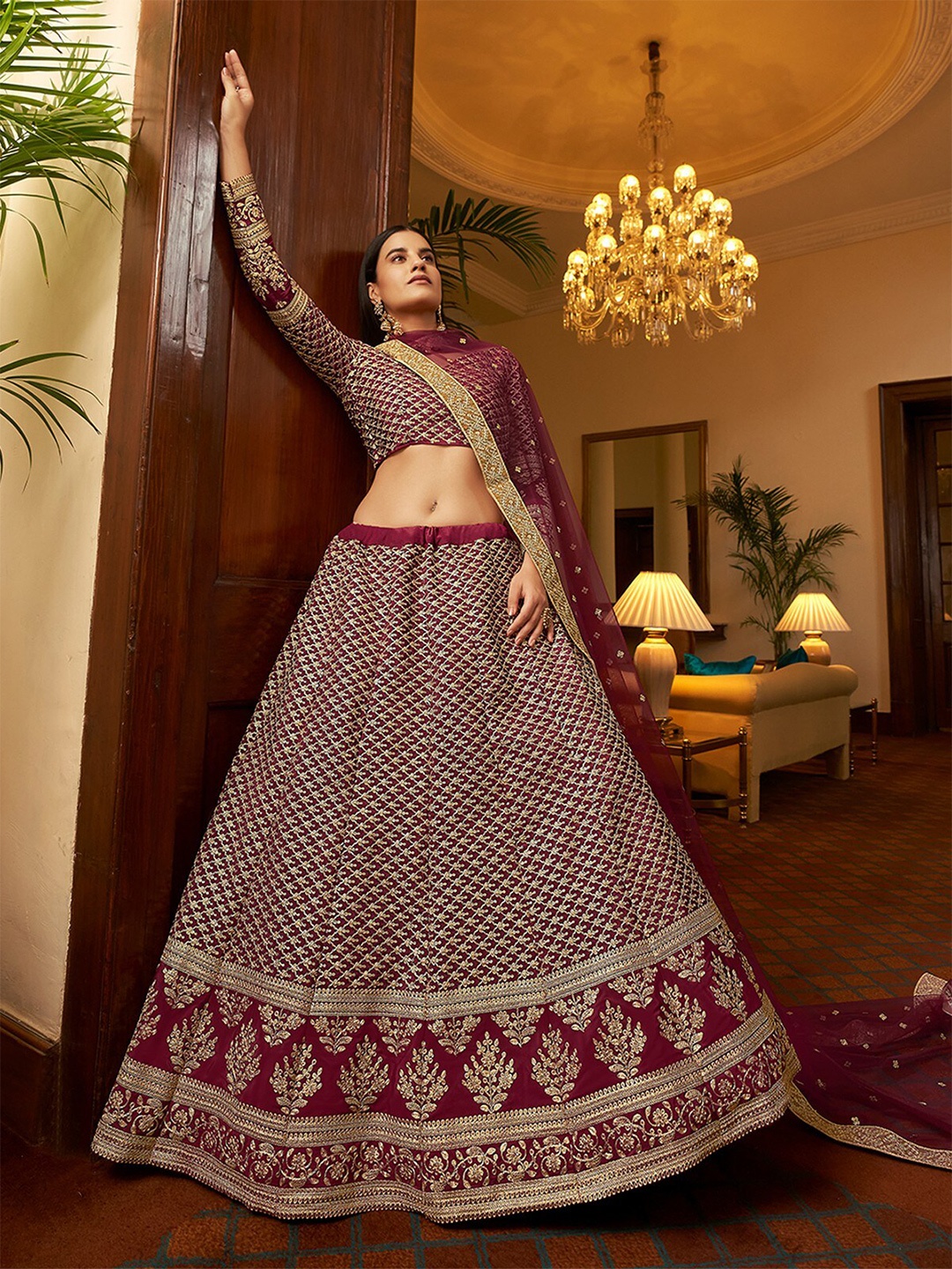 

ODETTE Embroidered Semi-Stitched Lehenga & Unstitched Blouse With Dupatta, Violet