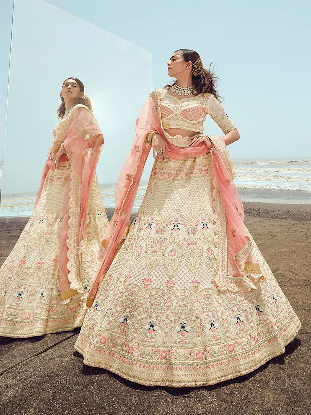 

ODETTE Embroidered Semi-Stitched Lehenga & Unstitched Blouse With Dupatta, Off white