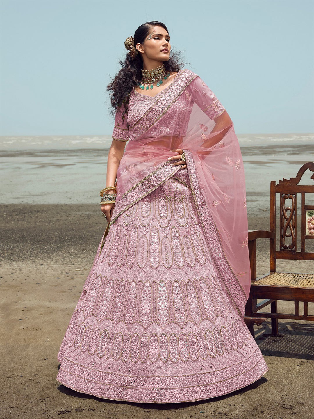 

ODETTE Embroidered Mirror Work Semi-Stitched Lehenga & Unstitched Blouse With Dupatta, Purple